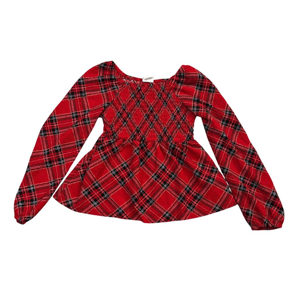 Self Esteem Girls Red Plaid Smocked Peplum Top Long Sleeve Size Small